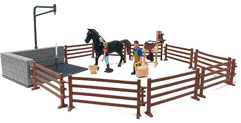 Brigamo Pferdekoppel mit Waschplatz Spielzeug Pferd, Bauer und Pferde Pflegerin Figur