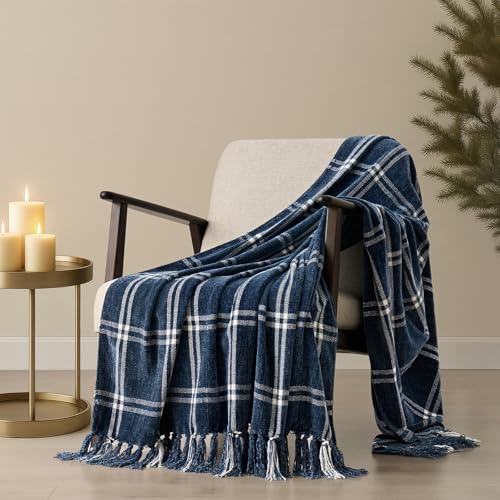 EverGrace Plaid Chenille Throw Blanket for Couch, Super Soft Cozy Decorative Windowpane Grid Plaid Throw with Tassels, Lightweight Chenille Knit Throw for Bed Sofa Gift, Navy & White 50”x60”