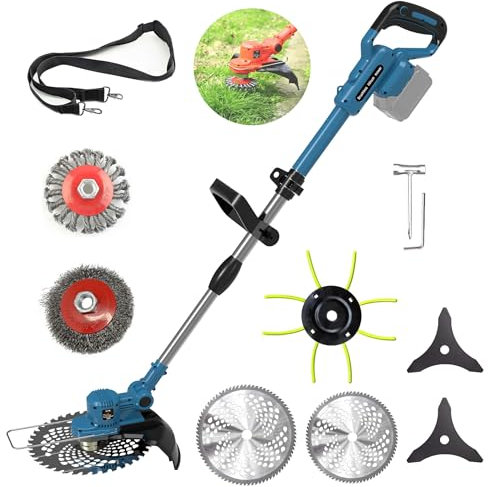 Akku Rasentrimmer für Makita-Akkus mit 5 Klingentypen Bürstenlose Rasentrimmer mit Unkrautbürste(ohne Akku) (Blau)