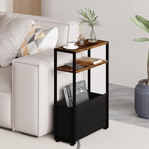 Leomonio Narrow Side Table, Slim End Tables with Fabric Basket, Skinny Table for Small Spaces, Thin Bedside Table for Living Room, Bedroom