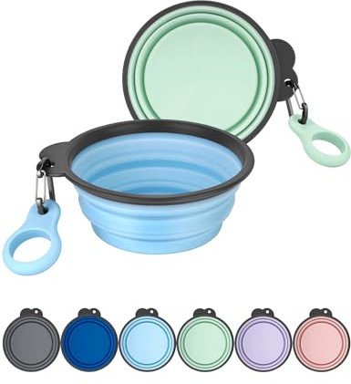 Heouvo Faltbare Hundenäpfe mit Flaschenträger, 2er-Pack Reise Hundenapf mit Karabiner, einteilig geformt ohne Herunterfallen oder Risse, faltbares Silikon, mobil für Haustiere Gassi gehen Wandern