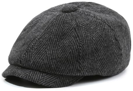 SamHeng Flat Cap for Men, One Size Peaked Cap for Men Women Winter Autumn, Peaky Herringbone Baker Men Newsboy Caps for Sports Fishing Golf, Adjustable Tweed Irish Cabbie Gatsby Cap Black