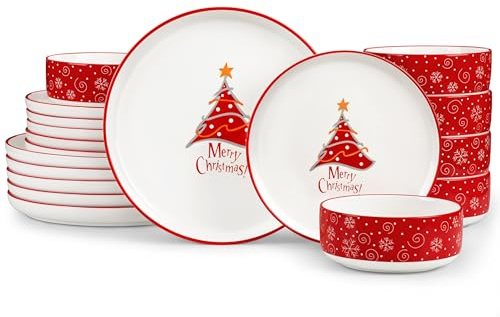 MALACASA Vajillas de Navidad Porcelana, 18 Piezas Vajillas Completas 6 Personas, Rojo con Motivos de Árboles de Navidad, Incluye Platos y Bols