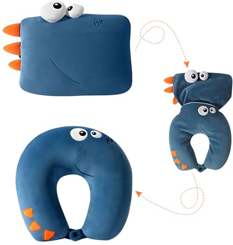 Jicyor Cojín cervical, 2 en 1, cojín cervical, diseño de avión, color azul, dinosaurio, cojín cervical, adecuado para niños, niños y niñas, adolescentes, cojín de viaje, avión