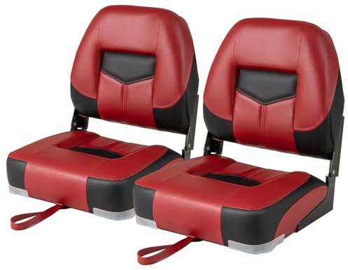 COSTWAY Sillas Plegables para Barco, 2 Asientos para Barco con Tira de Fijación Larga y Tornillos en Acero Inoxidable, Asiento Yate Ergonómicos con Espuma y Bisagras Metálicas (Negro y Rojo)