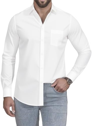 JiaYouLC Men's Long Sleeve Shirts with Pockets Casual Dress Shirts with Standard Collar Button Down Shirts (UK, Alpha, L, Regular, Regular, White)