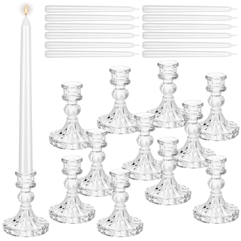 Set di 12 candelabri in vetro con 12 candele, portacandele trasparenti con candele bianche, portacandele in cristallo e candele a punta per matrimonio, tavolo, Pasqua, chiesa, tavolo da pranzo