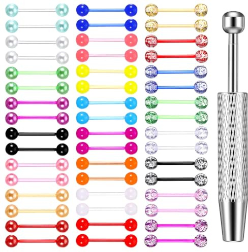 DIVINA VITAE 48Pcs 14G Flexible Acrylic Straight Tongue Ring Barbell for Women Candy Color Tongue Piercing Jewelry 14mm Bar, Piercing Ball Grabber Set