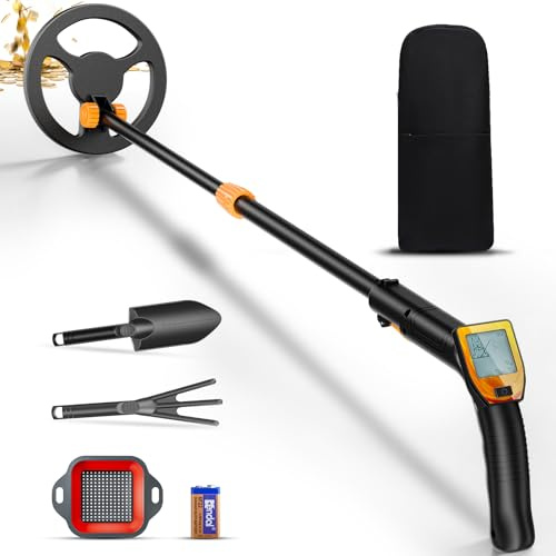 Detecteur Metaux Enfant, Léger Détecteur de Métaux avec Tige Réglable de 66 à 83CM, écran LCD et Disque de Recherche étanche, Détecteurs Métaux pour Enfants avec Pelle Râteau Tamis Sac(Orange)
