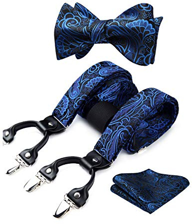 HISDERN Paisley Bretelle per Uomo con Molto Forte 6 Clip Bretelle Heavy Duty Regolabili in Stile Y Papillon e Fazzoletto da Taschino Set