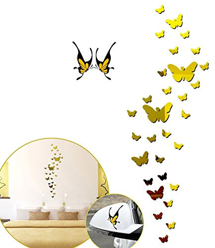 SwirlColor Acrylique Miroir Autocollants 3D Stickers Muraux 36 pcs Amovible Papillon Art Miroir Stickers Muraux Papillon Combinaison Maison Art Decal Décoration d'or