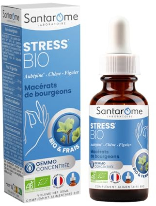 Santarome Bio - Stress Bio - Macérat de bourgeons - Complément Alimentaire Anti-Stress - Gémmothérapie - Aubépine, Chêne, Figuier - Flacon Pipette 30 ml - France
