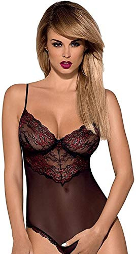 Obsessive Seducente body aperto all'inguine in un'accattivante confezione regalo, nero/bordeaux aperto, S/M