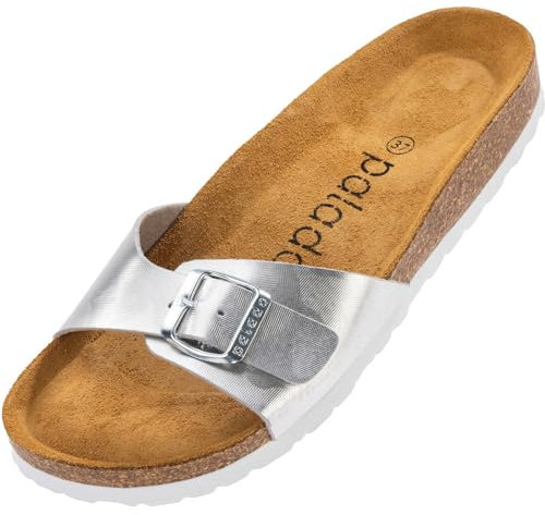 Palado Pantoletten Damen Malta Texas - modische Sandalen Made in Spain - bequeme Hausschuhe mit dämpfendem Kork-Fußbett - elegante Sommerschuhe Silber UK4,5 - EU37