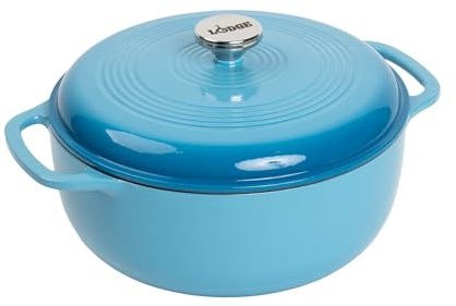 Lodge 6 Quart Enameled Cast Iron Dutch Oven with Lid – Dual Handles – Oven Safe up to 500° F or on Stovetop - Use to Marinate, Cook, Bake, Refrigerate and Serve – Cornflower Blue