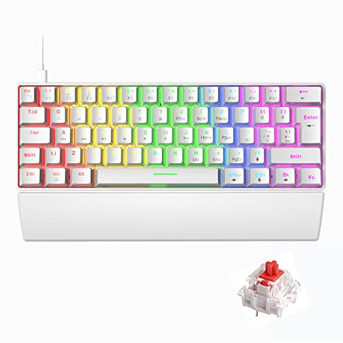 FELiCON T60 Kompakt 60% Mekaniskt Speltangentbord+Ergonomiskt Tangentbord Handledsstöd, Mini Portable 62 Keys 19 Rainbow LED Light Up Backlit, UK Layout, USB-C Kabel för PC Mac PS4-Vit/Red Switch