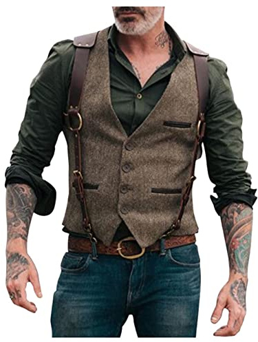 HULKAY Mens Wool Blend Herringbone Tweed Suede Leather Suit Vests Western Cowboy Slim Fit Grooms Dress Vest Waistcoats(Brown,XL)
