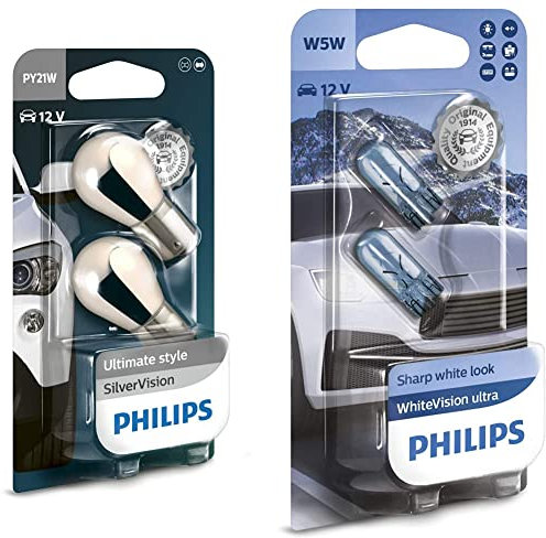 Philips automotive lighting 12496SVB2 Kugellampe PY21W SilverVision & WhiteVision ultra W5W Signallampe, Doppelblister, 35484330, Double blister