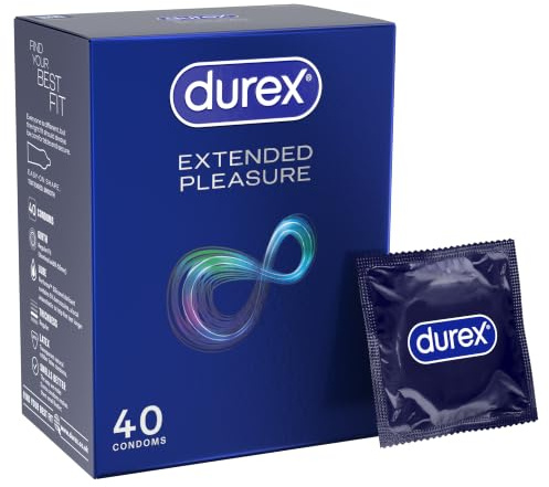 Durex Extended Pleasure, 40 Condoms, Regular Fit, Pre Lubricated | Pre Lubricated, Performa Silicone Lube to Help Last Longer, 5% Benzocaine, Easy On Shape, Teat Ended, Regular Fit Condoms