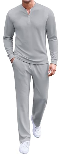 COOFANDY Men's 2 Piece Tracksuit Set Polo Athletic Sweatsuit Quarter Zip Jogging Long Sleeve Casual Sports Outfits Light Grey