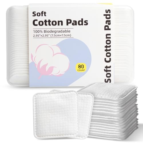 Large Square Cotton Pads, 80 Count, Lint-Free, Soft, Rounded Corners, Multi-Layer, for Makeup Removal, Toner, Facial Cleansing, Boxed
