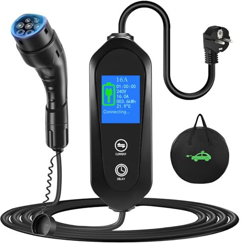 Yigowyigo Ladekabel Elektroauto Typ 2 Schuko 6 Meters, 3,68kW, 6A-16A, Tragbares Ladekabel Elektroauto mit Handtasche, IP67, IEC-62196, Mobile wallbox Ladegerät für Elektroauto mit LED-Digitalanzeige