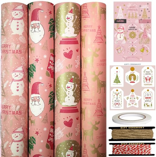 FullJoyHut 4 rullar med rosa kraftpapper julpapper - 43 cm x 3M för rulle, vintage återvinningsbara jultomten renpapper med etiketter, rep och band för julpresentförpackning