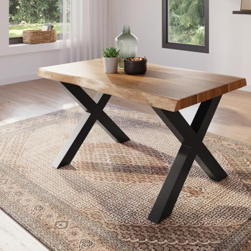 trelevo Esszimmertisch 120x80 cm, Akazienholz massiv, Tischplatte naturfarben, echte Baumkante, X-Gestell schwarz, Baumkantentisch