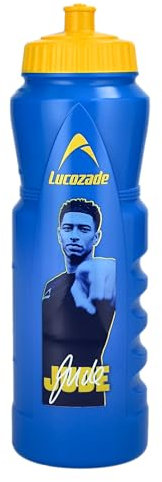 Lucozade Sport x Jude Bellingham 1L Sports Water Bottle – leak proof, with sports cap & measuring strip, in yellow & blue