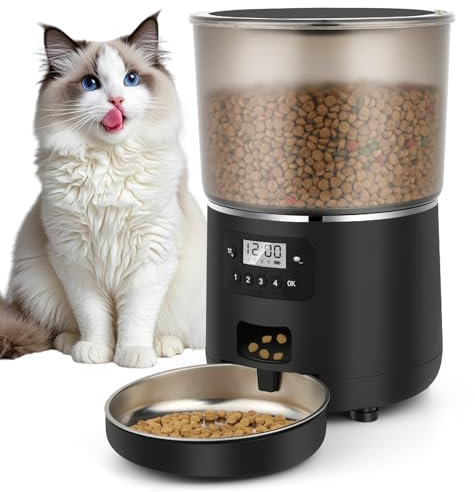 Futterautomat Katze, Apritsce 4L Katzenfutter Automat mit Edelstahlnapf und Timer, 1-4 Mahlzeiten pro Tag Futterspender Katze, Automatic Cat Feeder für Kleine und Mittlere Haustiere