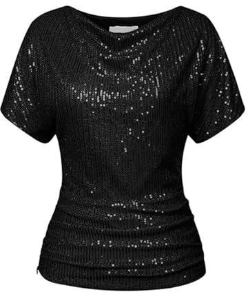 Elegant Paljett Dam Tröja Plus Size V-Ringning Elegant Glitterskjorta Nyår Med Paljetter Skjortor Cocktail Kortärmad Kurviga Ceremoni Toppar För Fest Och Kvällar T-shirt 2025, Svart, XL