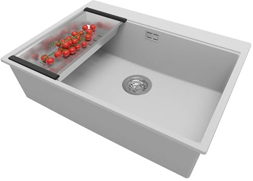 PRIMAGRAN Evier Cuisine en Granit Gris 68x50cm, Lavabo 1 bac + Kit de Vidage, Évier à Encastrer al mueble 70cm - Oslo S240