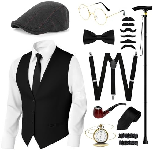 20-tals herraccessoarer, 1920S Gatsby gangster kostym, maffia, karnevalkostym män, 1920-tals klädtillbehör med väst, basker, slips, fluga, skägg, armbinda