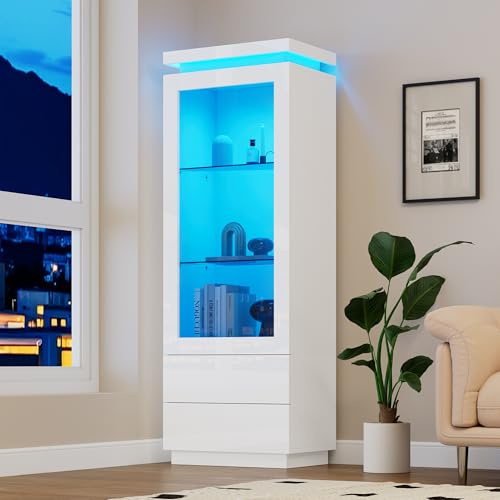 Lcoho Vitrina de 60 x 40 x 171 cm, armario alto con 2 cajones, armario alto de cristal brillante con LED, estantería de pie, armario de salón con puertas de cristal y puerta abatible, color blanco
