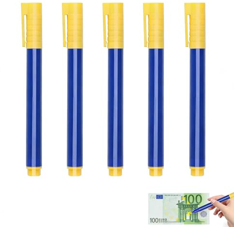 5 stycken sedelkontrollpennor, blå falska pengar testare penna, falska pengar markörpennor, identifiering sedlar penna, penna för att upptäcka falska sedlar, för US-dollar, euro, pund, yen, won etc