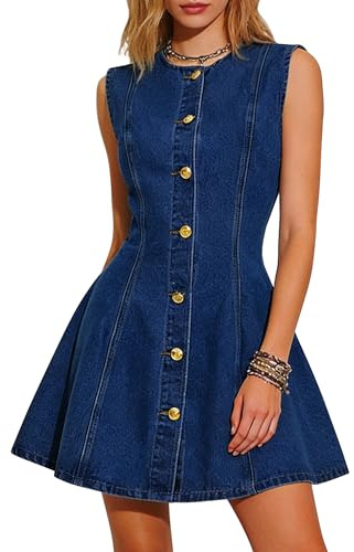 Fengbay Denim Dresses for Women UK Sleeveless Button Down Mini Jean Dress | Babydoll A-line Dresses with Pocket,Soft Stretch Cotton Denim,Suitable For Summer Dates, Holiday Trips & Daily Wear