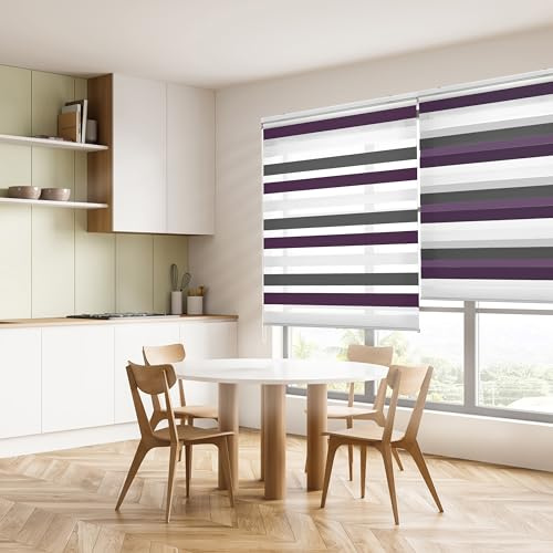 Blindecor Lira duo rollo tag und nacht , tricolor Braun, Violett, Weiß - 160 x 180 cm (Breite x Länge). Stoffgröße 157 x 175 cm. Doppelrollo für fenster