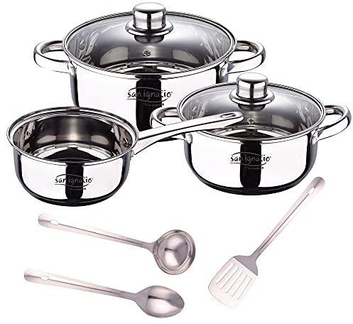 SAN IGNACIO Batteria da 5 pezzi in acciaio inox: pentola Ø16 x 7,5 pentole da Ø18 x 8,5 e Ø20 x 9,5 cm, induzione + set 3 utensili da cucina in acciaio inox