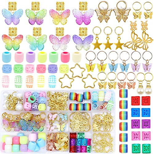 NAISKA 140Pcs Gold Butterfly Hair Jewelry - Colorful Loc Beads Dreadlocks Accessories for Women Braids Hair Charms Ring Cuffs Decoration