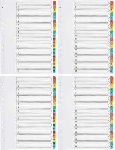 Q-Connect Index A4 Multi-Punched 1-20 Reinforced Multi-Colour Numbered Tabs KF01521 (Pack of 4)