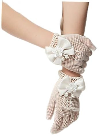SAFIGLE Weiß Spitze Handschuhe Für Mädchen - Elegante Fingerhandschuhe Mit Blumenspitze Und Schleife Für Hochzeit Taufe Kostümparty Und Blumenmädchen
