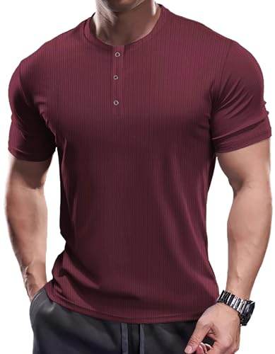 Muscle Cmdr Maglia Maglie A Maniche Corte da Uomo con Collo Grandad, Casual Slim Henley Maglietta Rosso S