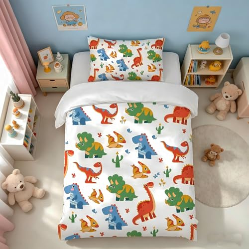 Caregchrisj Kinderbettwäsche 135x200 Dino Bettwäsche für Kinder Jungen Mädchen, Weiß Bunte Dinosaurier Muster Mikrofaser Bettbezug und Kissenbezug 80x80 mit Reißverschluss
