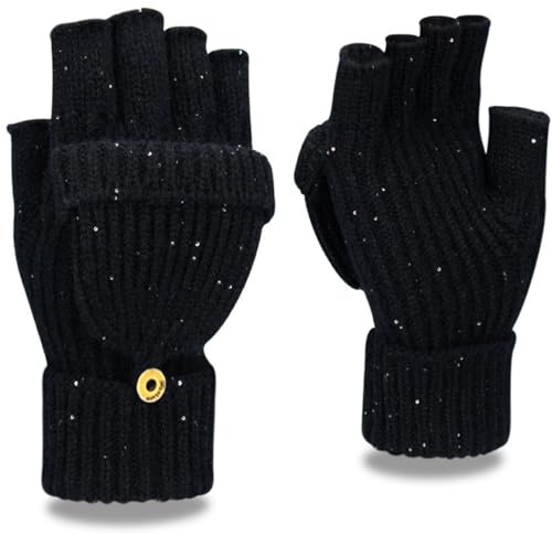 Yaopelky Guantes de invierno sin dedos para mujer y hombre, manoplas de punto con brillo parcial y total, con pulgar y tapa, convertibles, térmicas, One Size for most adults