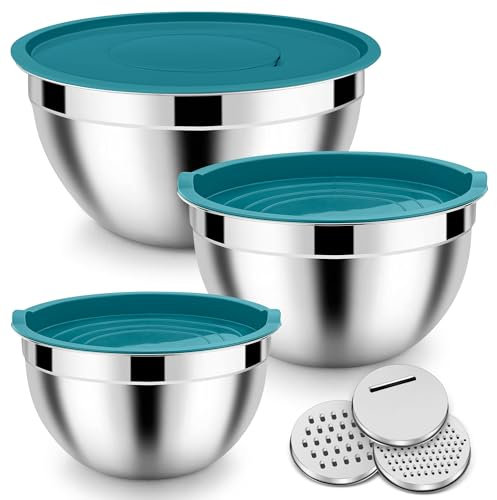 Homikit Rührschüssel 3er Set, Edelstahl Schüssel Salatschüssel Set mit Luftdichtem Deckel, Schüsseln Schüsselset mit 3 Reibenaufsätzen zum Mischen Verrühren, 1,6L / 2,8L / 4,6L, Stapelbar, Blau