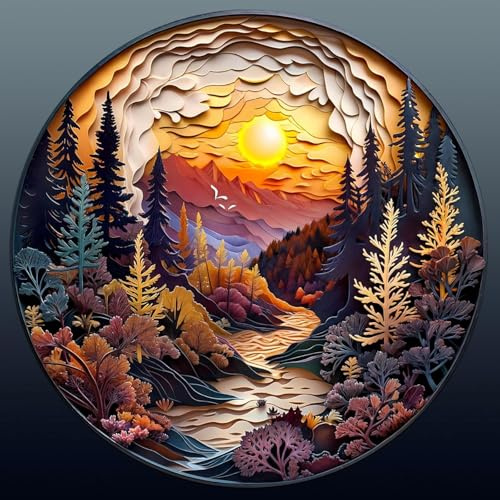Wooden Puzzles for Adults, 300pcs Visual 3D Sunset Forest Wooden Jigsaw Puzzles for Adults, Unique Animal Shape Puzzles with Wood Box, 34x34cm Wood Puzzle for Family Game and Birthday Gifts