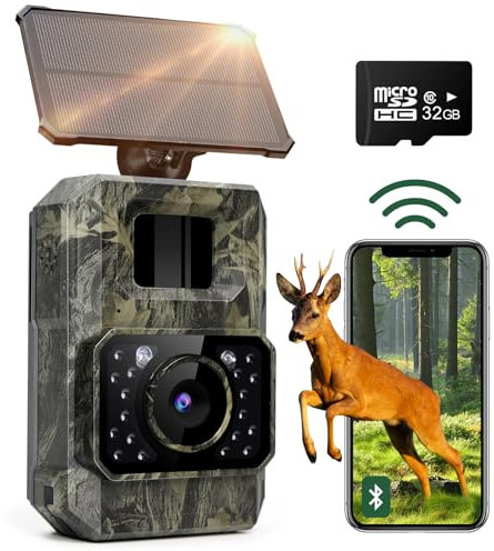 Wildlife Camera WiFi Bluetooth, 48MP 30fps Solar Infrared Trail Camera with Night Vision Motion Activated 0.2s Trigger Trail Cam with 32GB SD Card, 2000mAh Battery Rechargeable for Wildlife Scouting