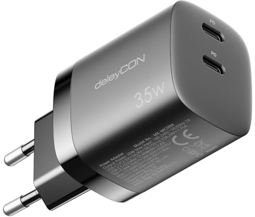 deleyCON Laddare USB C (2 Portar - 35 W Snabbladdning) USB-C Strömadapter för iPhone 17 16/15/14/13/12/11 iPad Galaxy S25/S24/S23 Pixel PD 3.0 Laddare för Mobiltelefoner - Svart