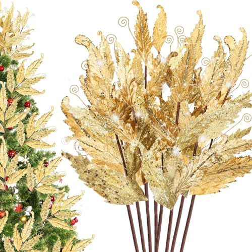 HyDren 10 Pcs Christmas Glitter Leaves Large Ornaments for Christmas Tree Picks Sprays Artificial Stems Branches Twigs Sprigs Floral for Xmas Tree Wreath Garland Vase DIY Decor(Gold)