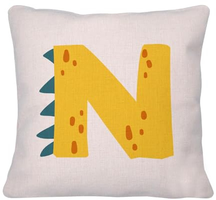 Fabulous N Noe Nathan - Federa per cuscino in lino con lettera con nome dinosauro, motivo: bambino, 40 x 40 cm